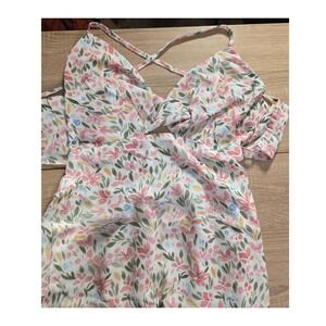 Zaful Forever Young Floral Cutout Cold Shoulder  Dress White Pink Green